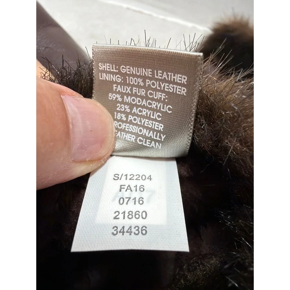 Charter Club Leather Gloves Women Large Brown Faux Fur Trim Winter RN17541